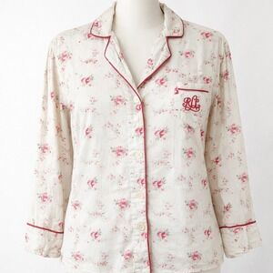Lauren Ralph Lauren Womens Pajama Top Cream Pink Floral Long Sleeve Button L Y2K